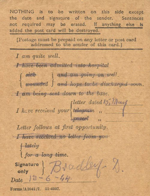 Rifleman Arthur Desmond Bradley letter home